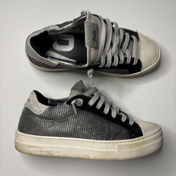P448 Thea Leather Platform Sneakers in black/silver - Women's US 7 EU 37 - Picture 1 of 14